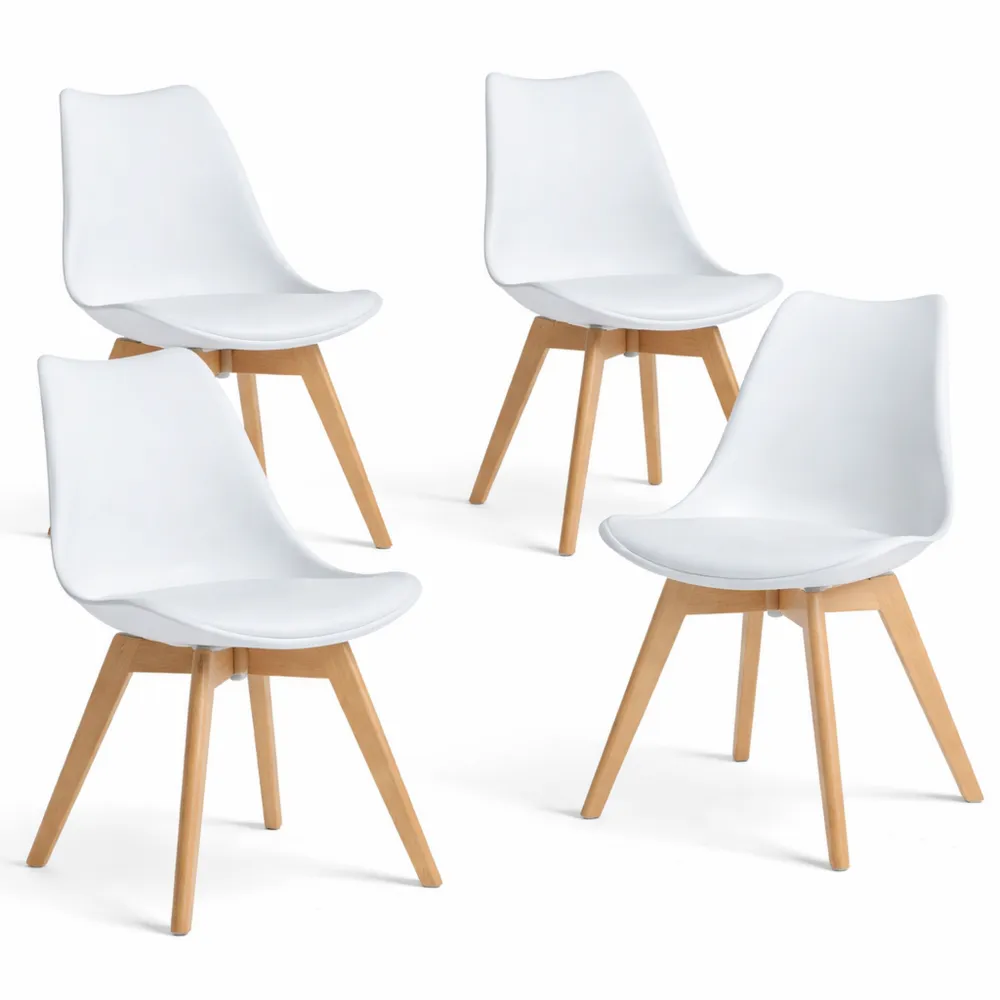 Lot de 4 chaises capitonnées pieds en bois, design rétro pour salon et cuisine, blanc