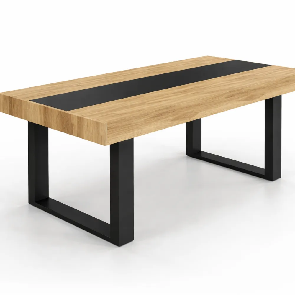 Grande table à manger rectangulaire pour 8 personnes en bois avec bande noire, 200 cm