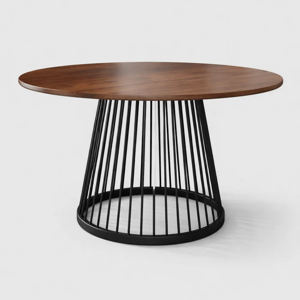 Table ronde 80 cm en MDF noyer avec pieds en métal noir, pour 4 personnes