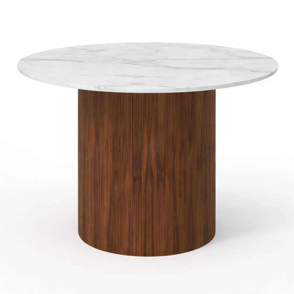 Table à manger ronde 6 personnes effet lattes noyer et marbre blanc