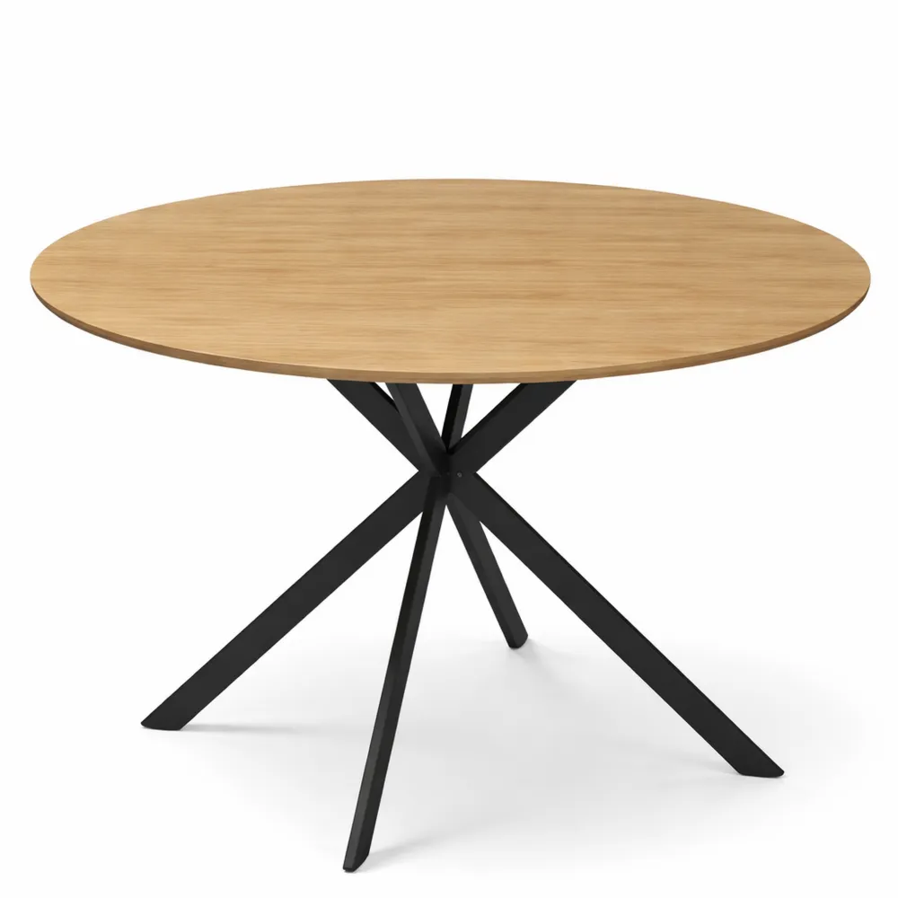 Table à manger ronde en style industriel avec piètement en acier et plateau aspect bois, 120 cm