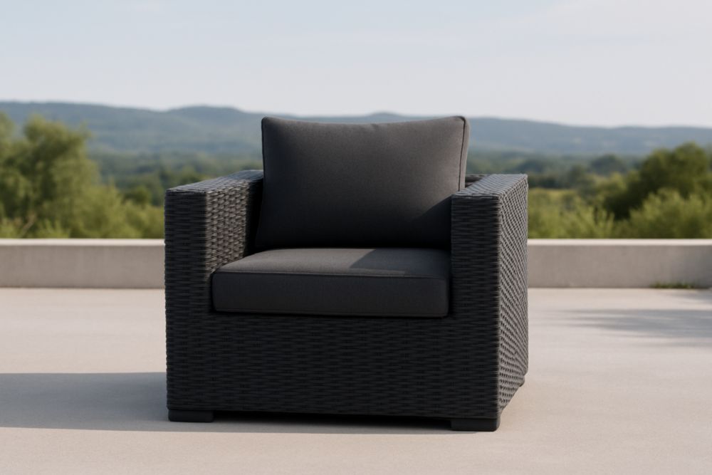Poltrona da Esterno in Rattan Sintetico Nero con Cuscini Grigi