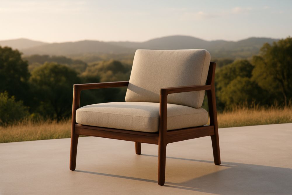 Poltrona in legno con cuscino in tessuto beige