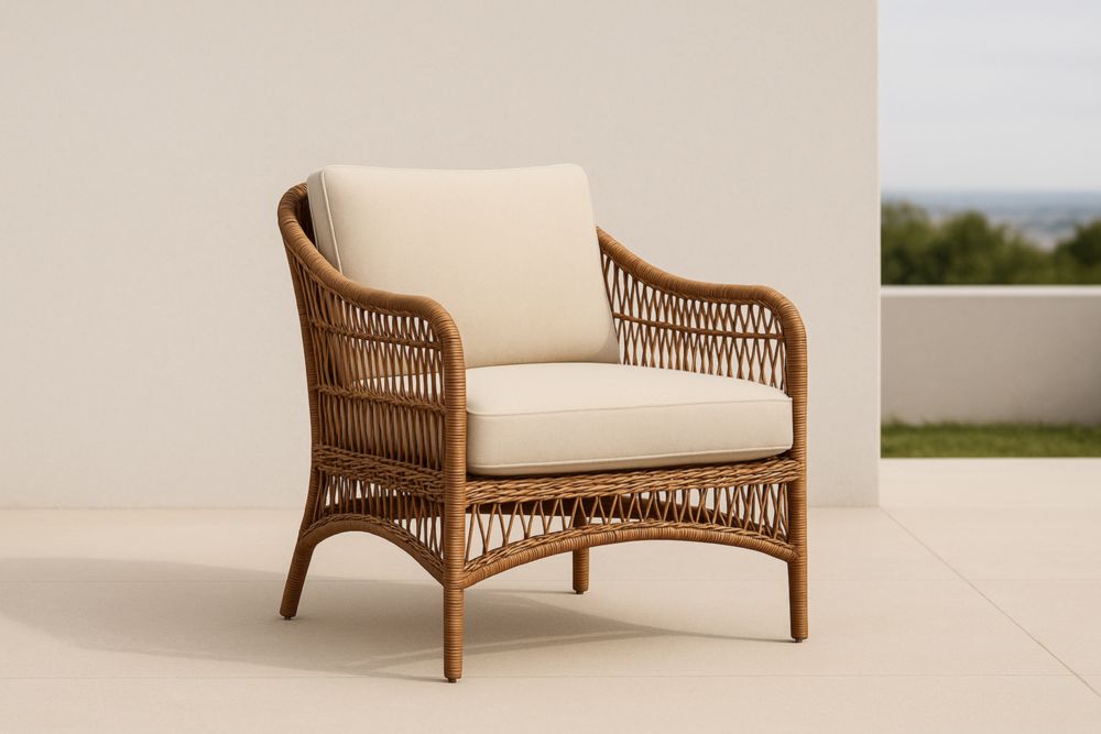 Sedia da Esterno in Rattan con Cuscini in Poliestere Beige