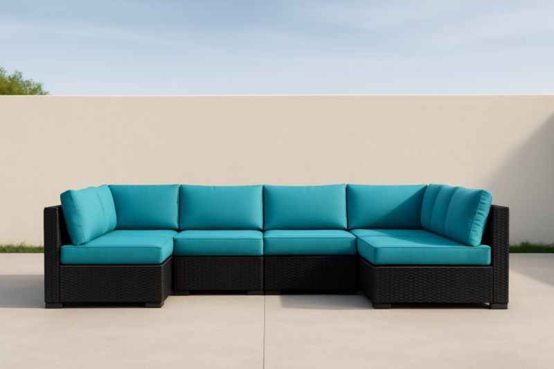 Divano ad angolo modulare in rattan con cuscini azzurri