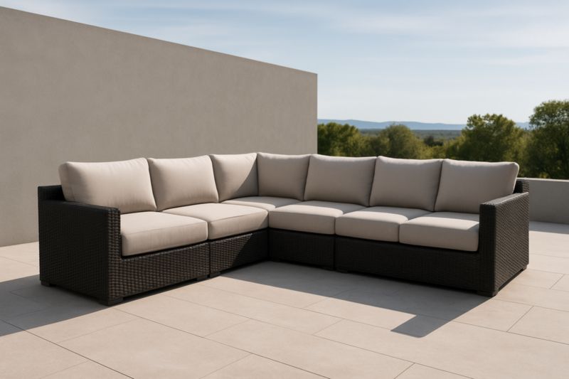 Divano ad angolo modulare in rattan sintetico con cuscini, colore Marrone/Beige