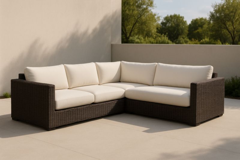 Divano ad angolo da esterno in rattan con cuscini in poliestere crema