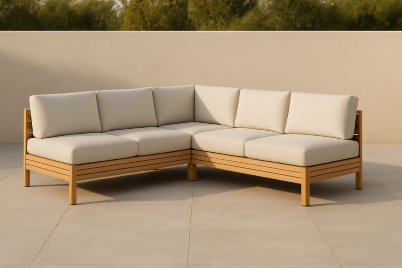 Divano ad angolo da esterno in legno e tessuto beige
