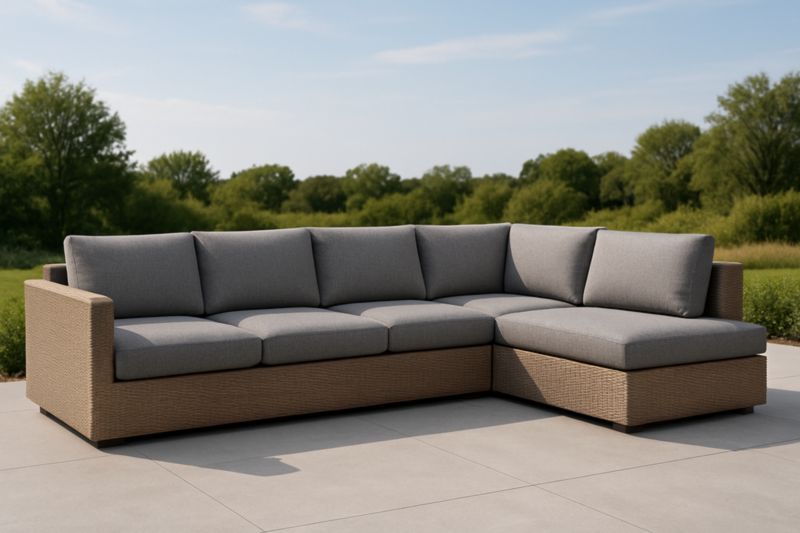 Divano ad angolo in rattan sintetico con cuscini grigi