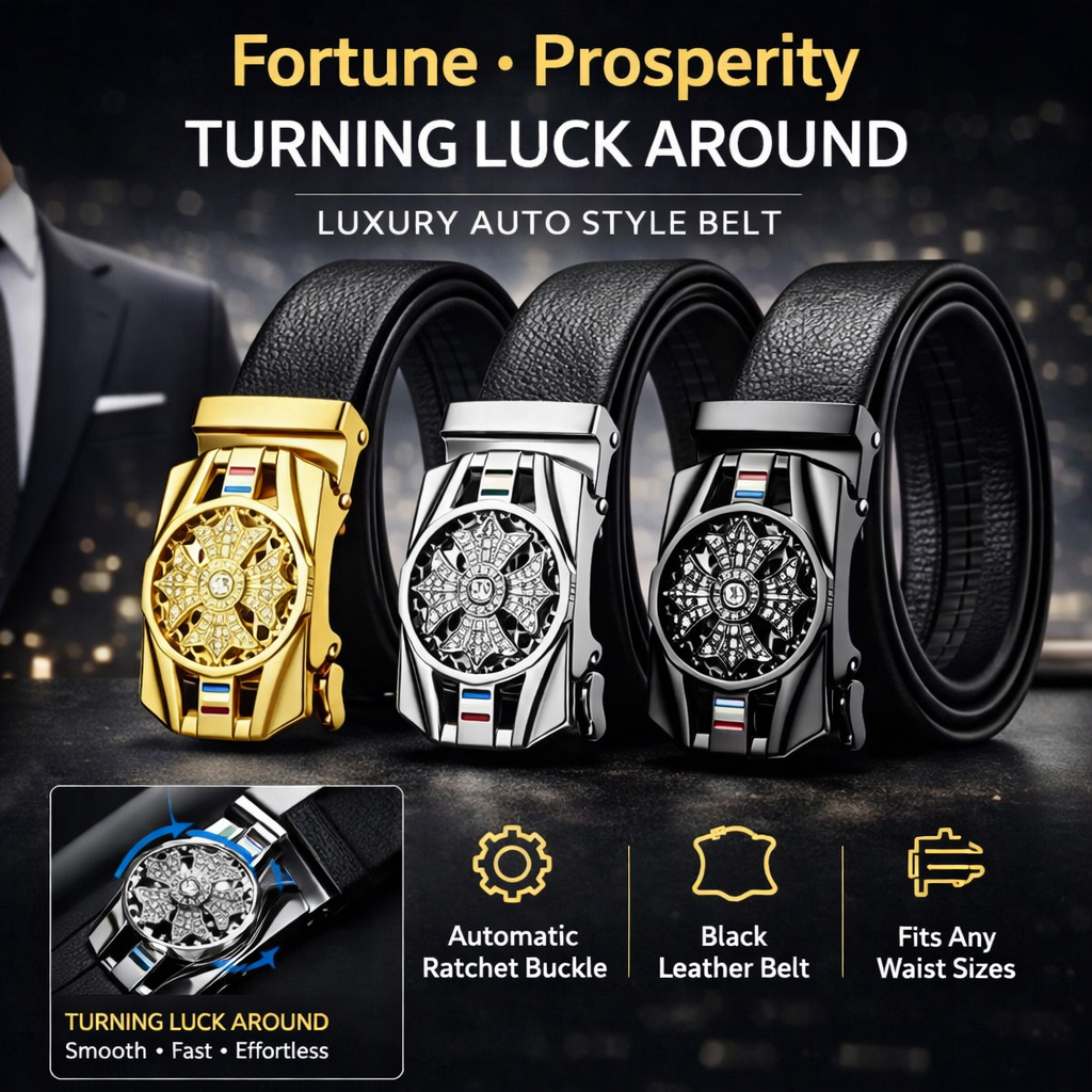 Men’s Automatic Buckle Leather Belt with Rotating Wheel Buckle