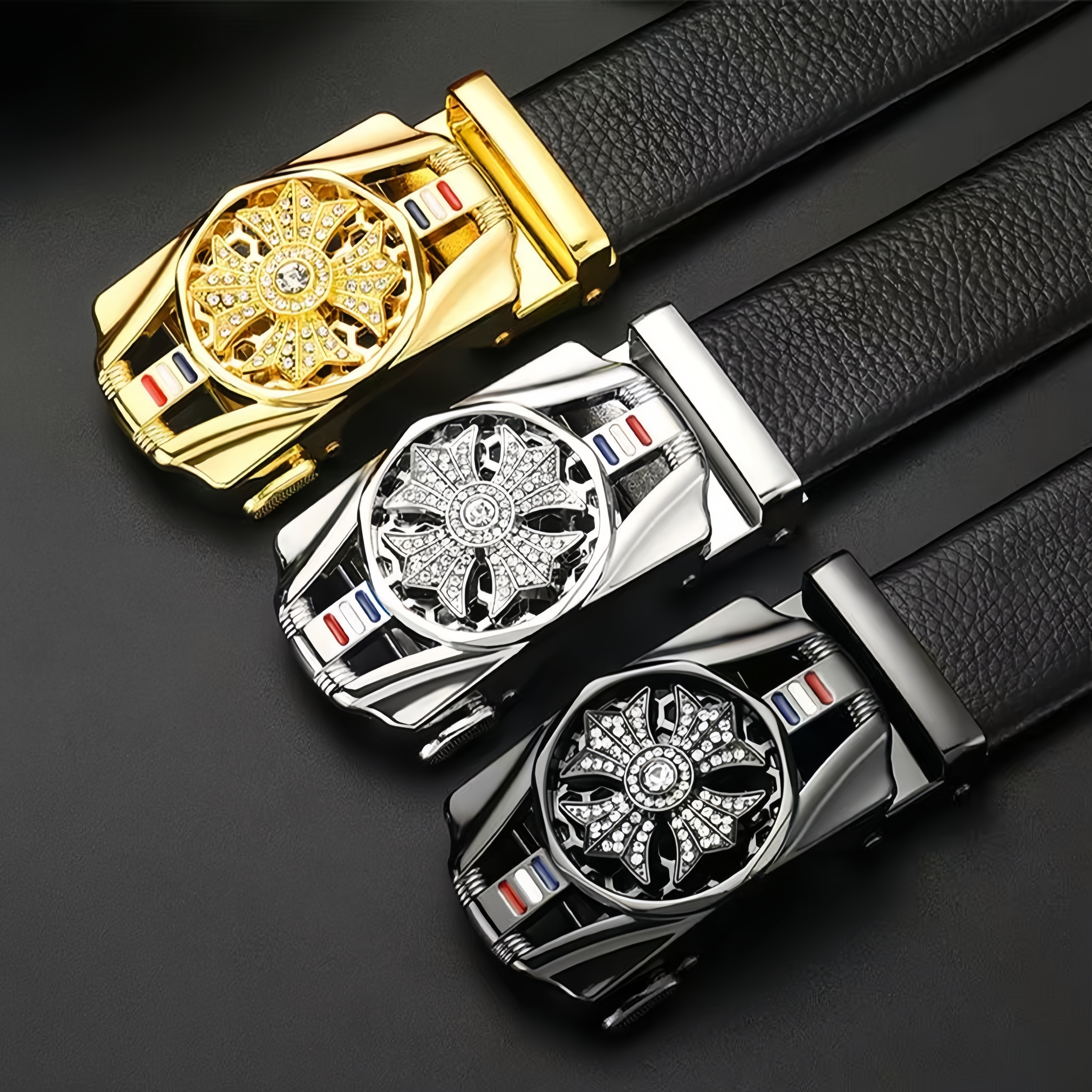 Men’s Automatic Buckle Leather Belt with Rotating Wheel Buckle