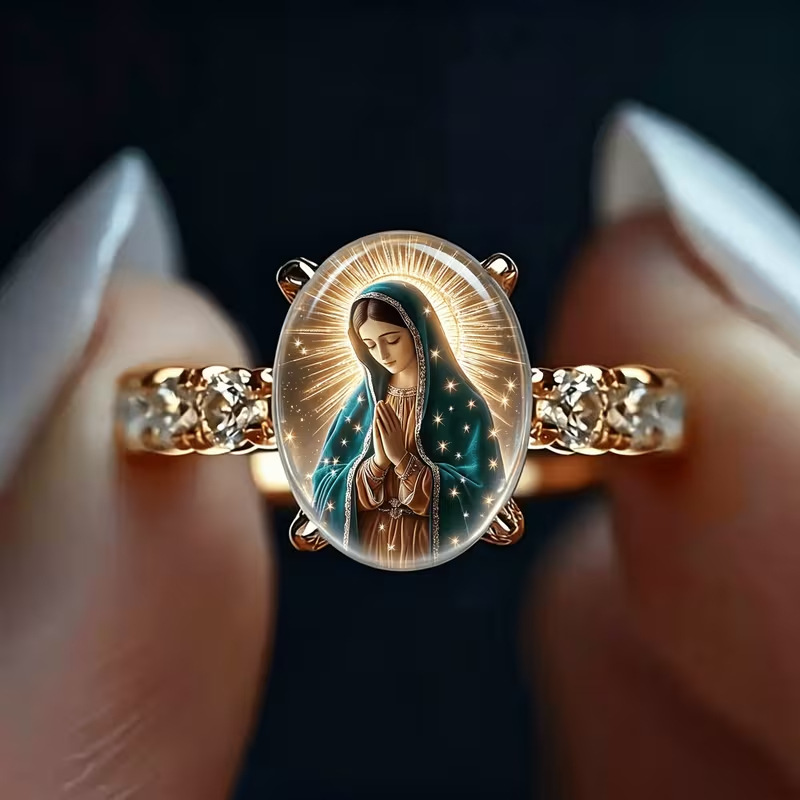 Guadalupe Virgin Floral Oval Print Ring