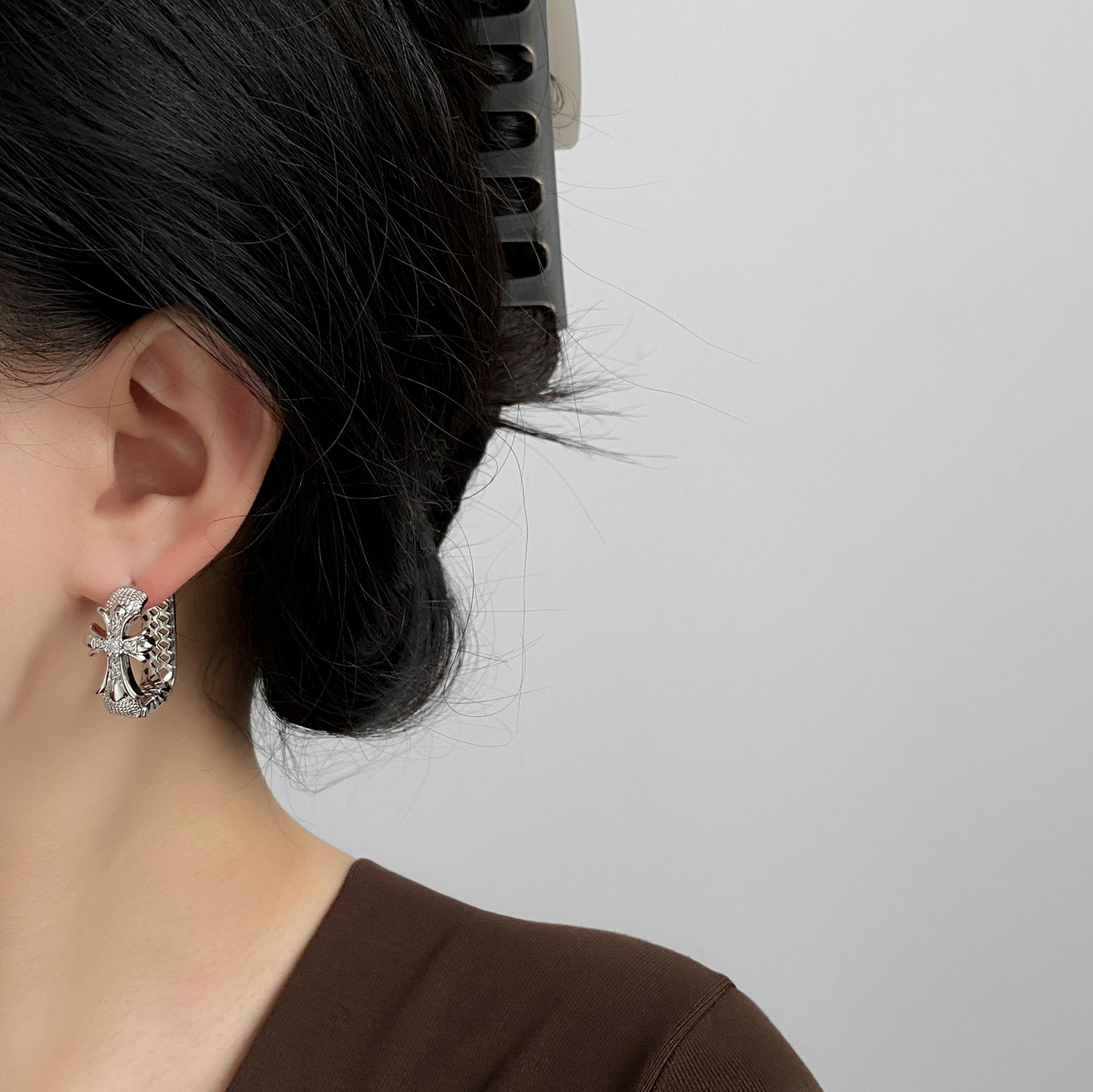 Sculpted Cross Huggie Earrings