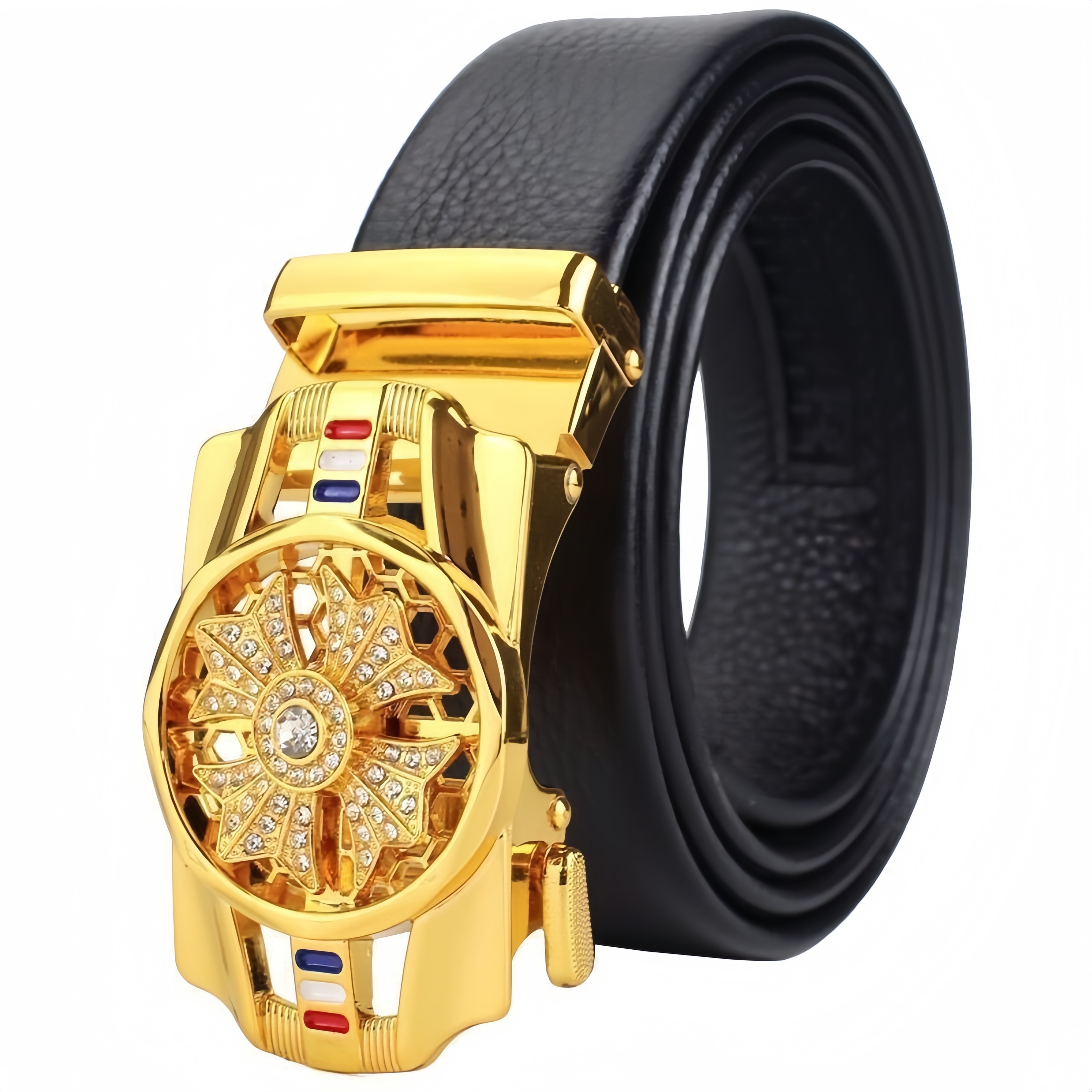 Men’s Automatic Buckle Leather Belt with Rotating Wheel Buckle