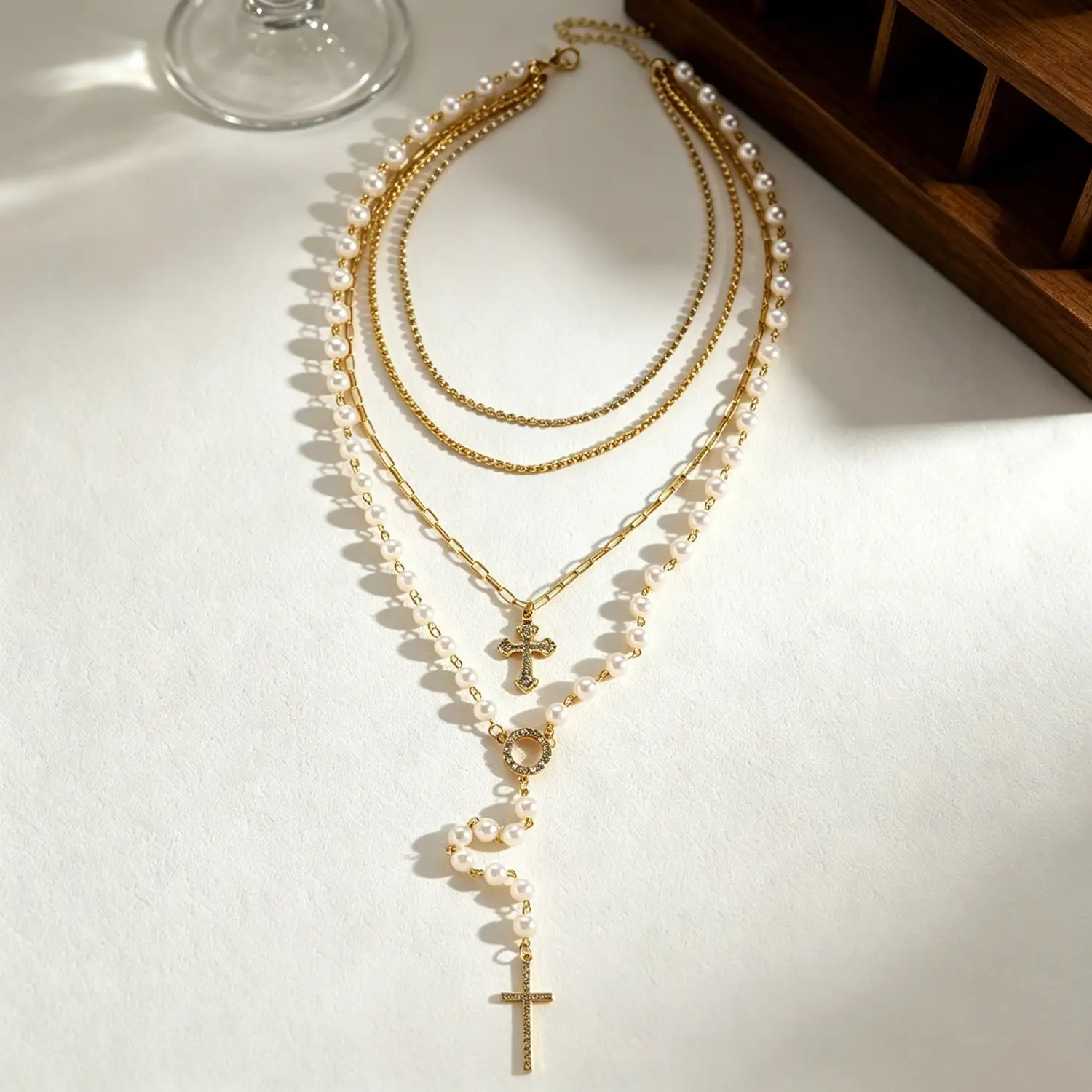 Grace Layered Cross & Pearl Necklace