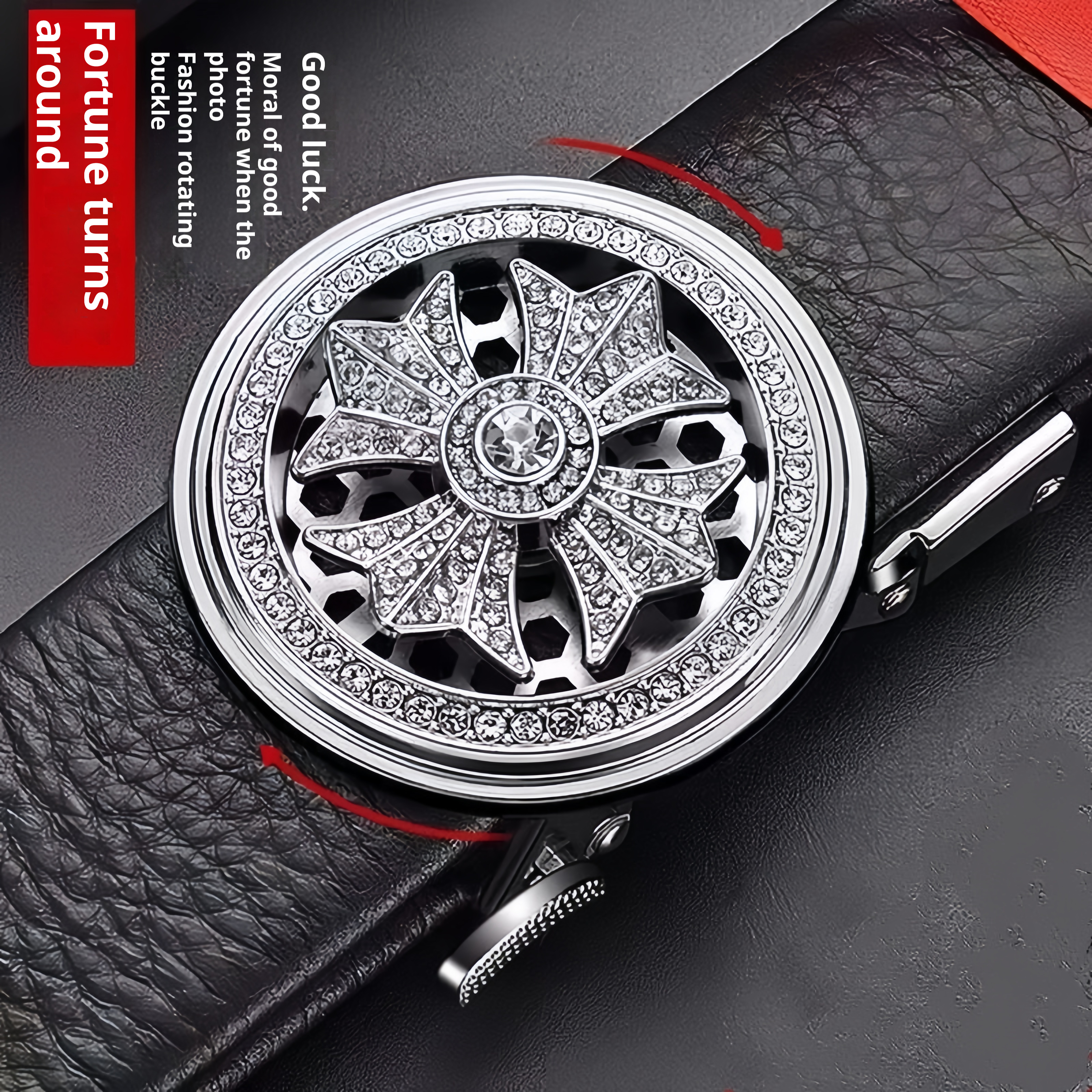 Men’s Automatic Buckle Leather Belt with Rotating Wheel Buckle