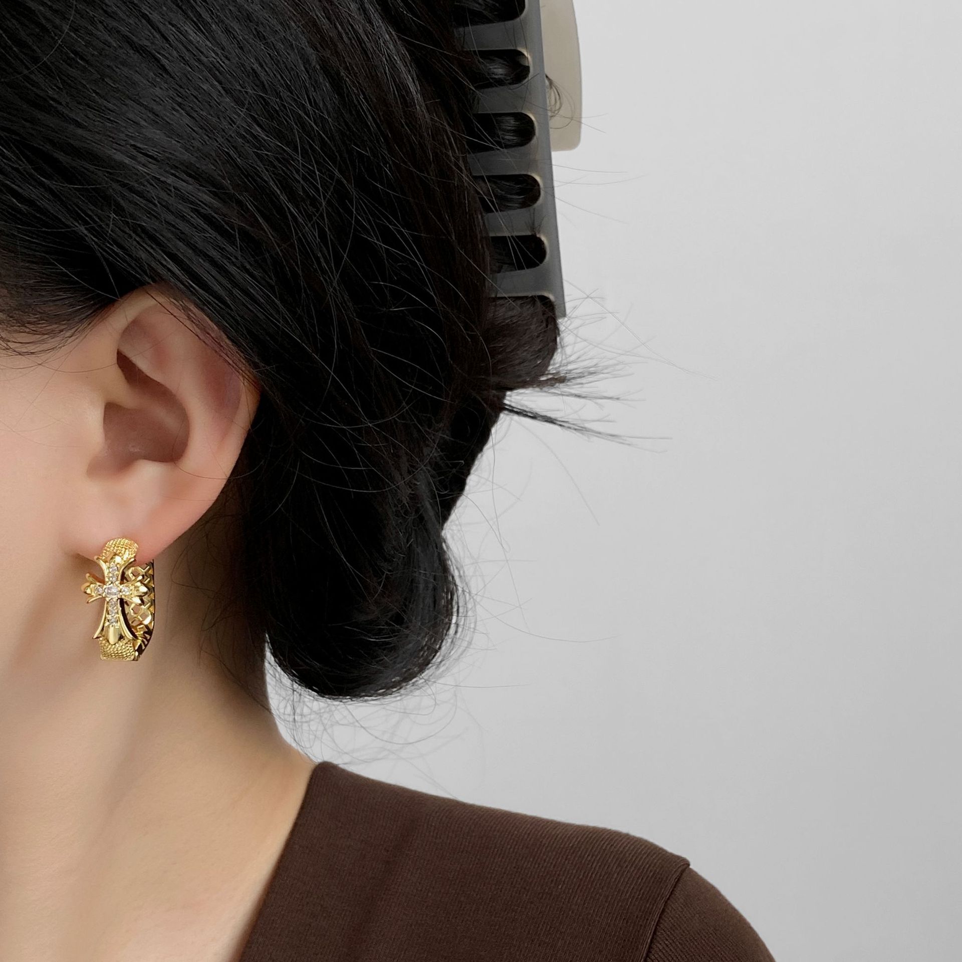 Sculpted Cross Huggie Earrings