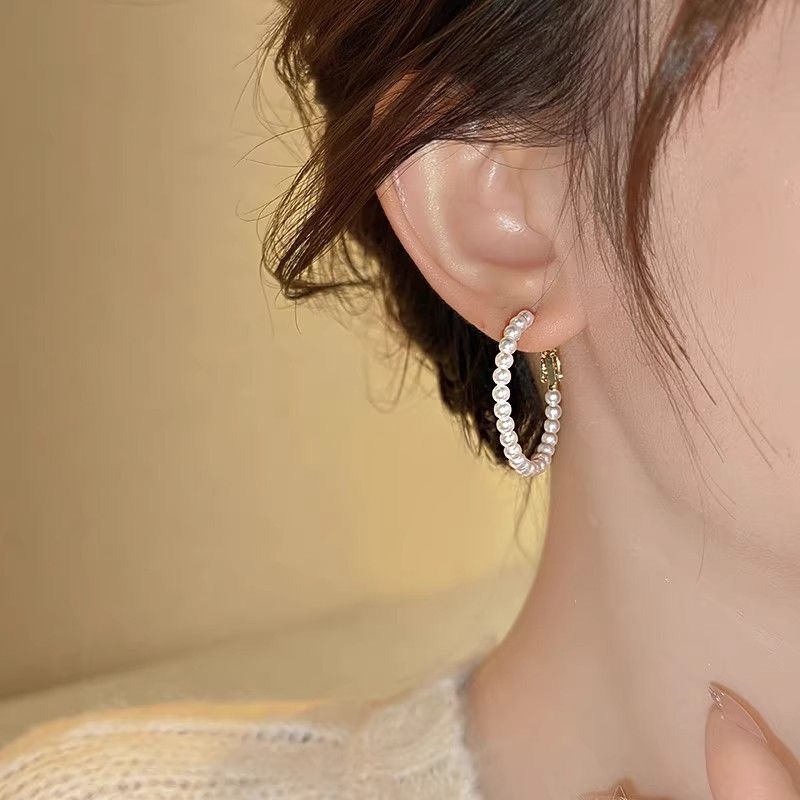 White Bead Hoop Earrings