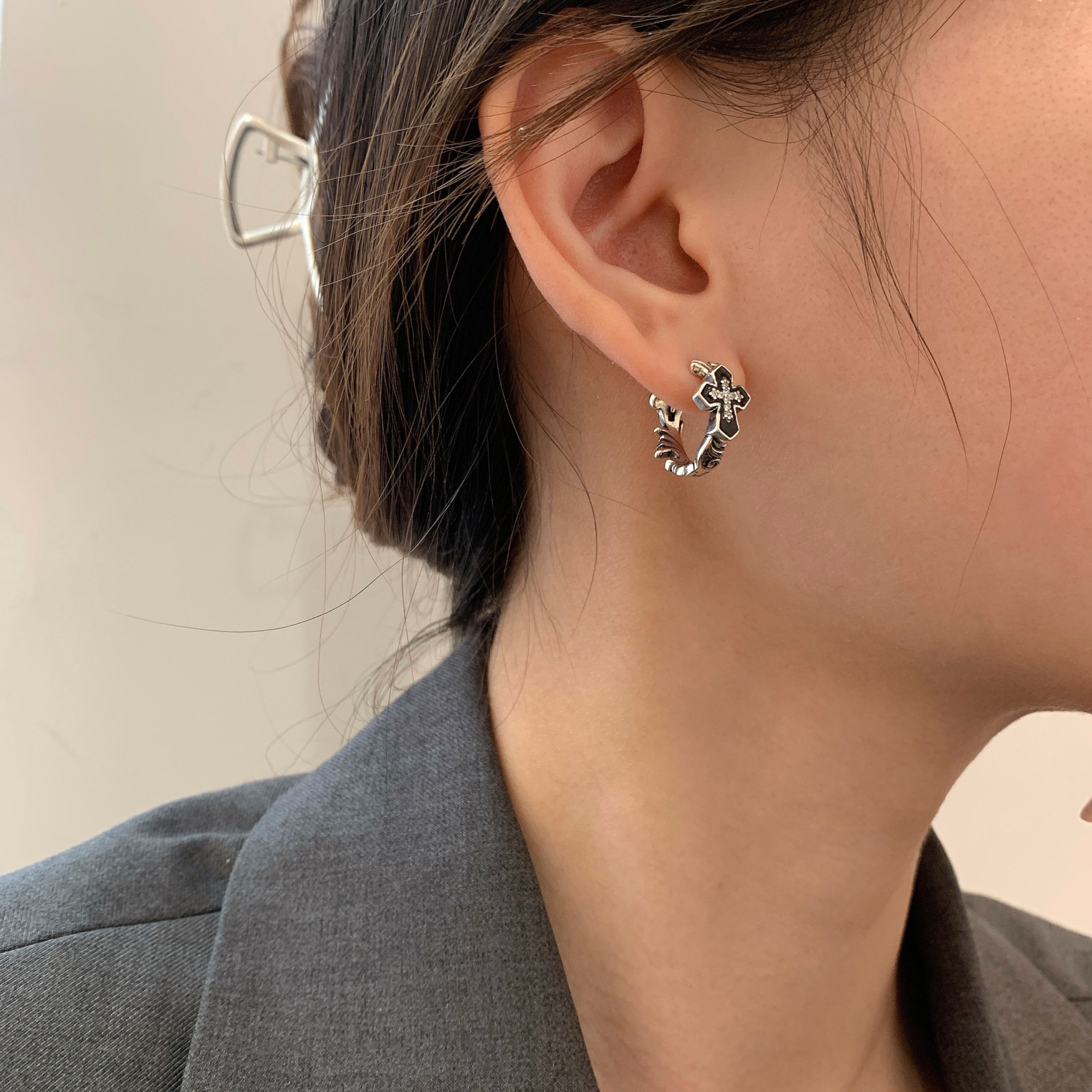 Vintage Cross Huggie Earrings