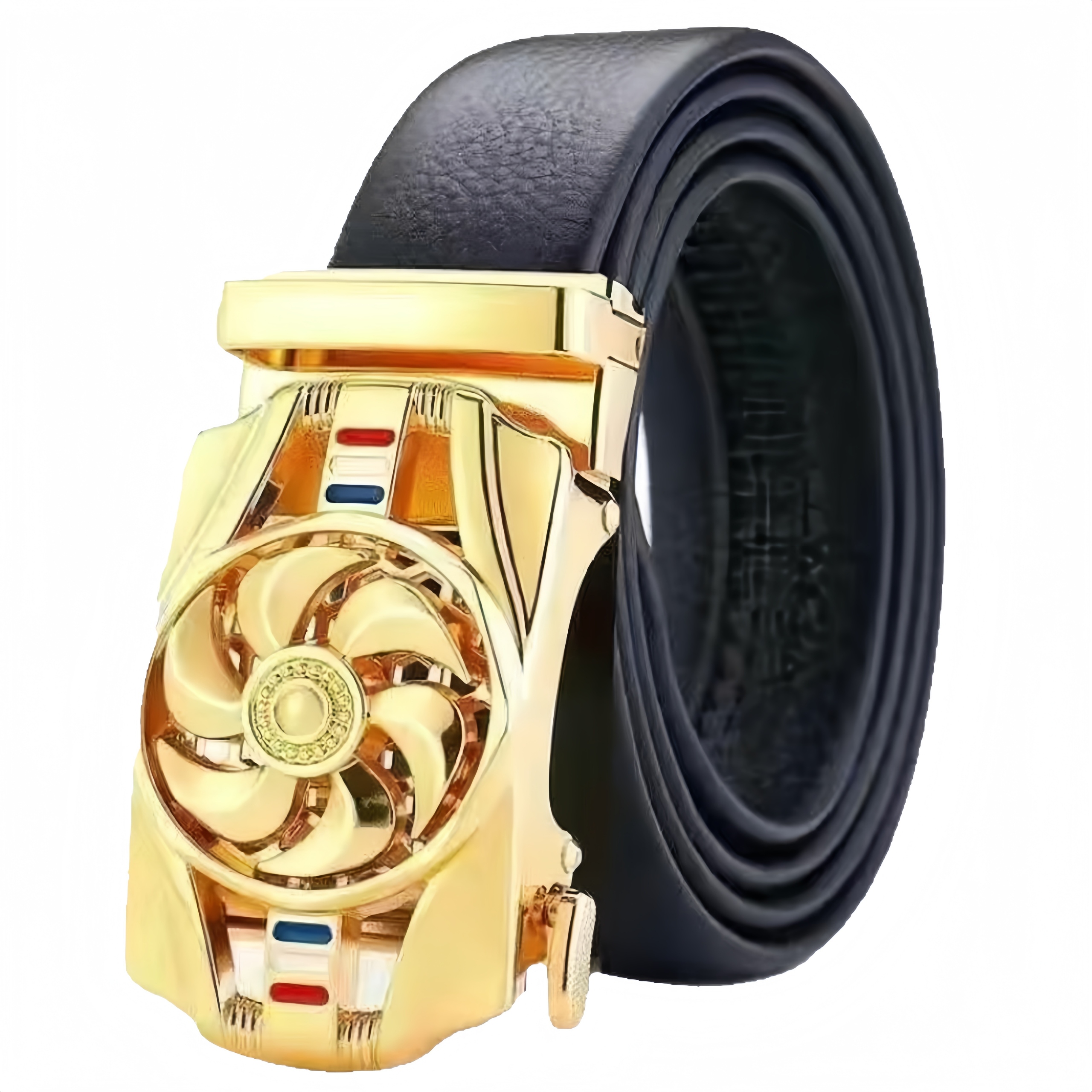 Men’s Automatic Buckle Leather Belt with Rotating Wheel Buckle