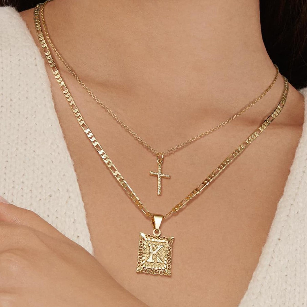 Double Layer Initial Cross Necklace Set — Your Letter, Your Story