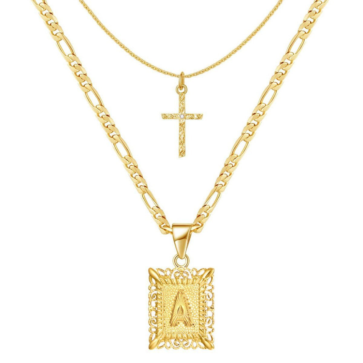 Double Layer Initial Cross Necklace Set — Your Letter, Your Story