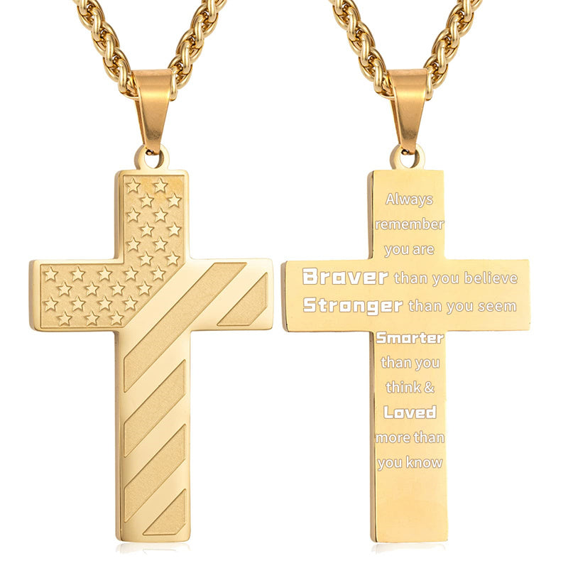 Stainless Steel American Flag Cross Pendant Necklace