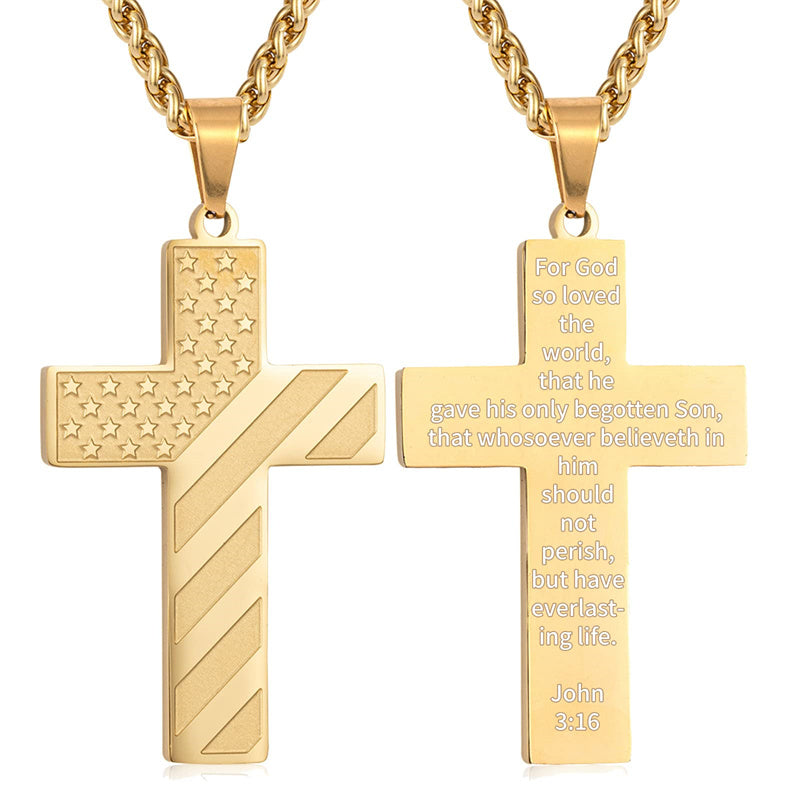 Stainless Steel American Flag Cross Pendant Necklace