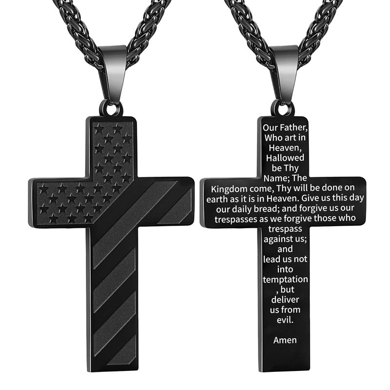 Stainless Steel American Flag Cross Pendant Necklace