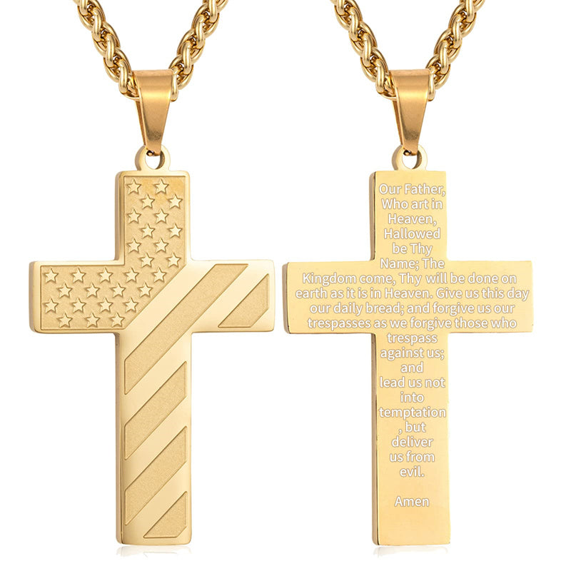 Stainless Steel American Flag Cross Pendant Necklace