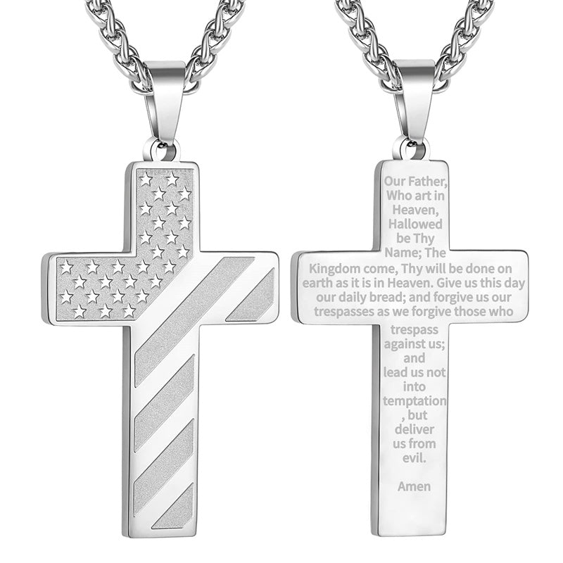 Stainless Steel American Flag Cross Pendant Necklace