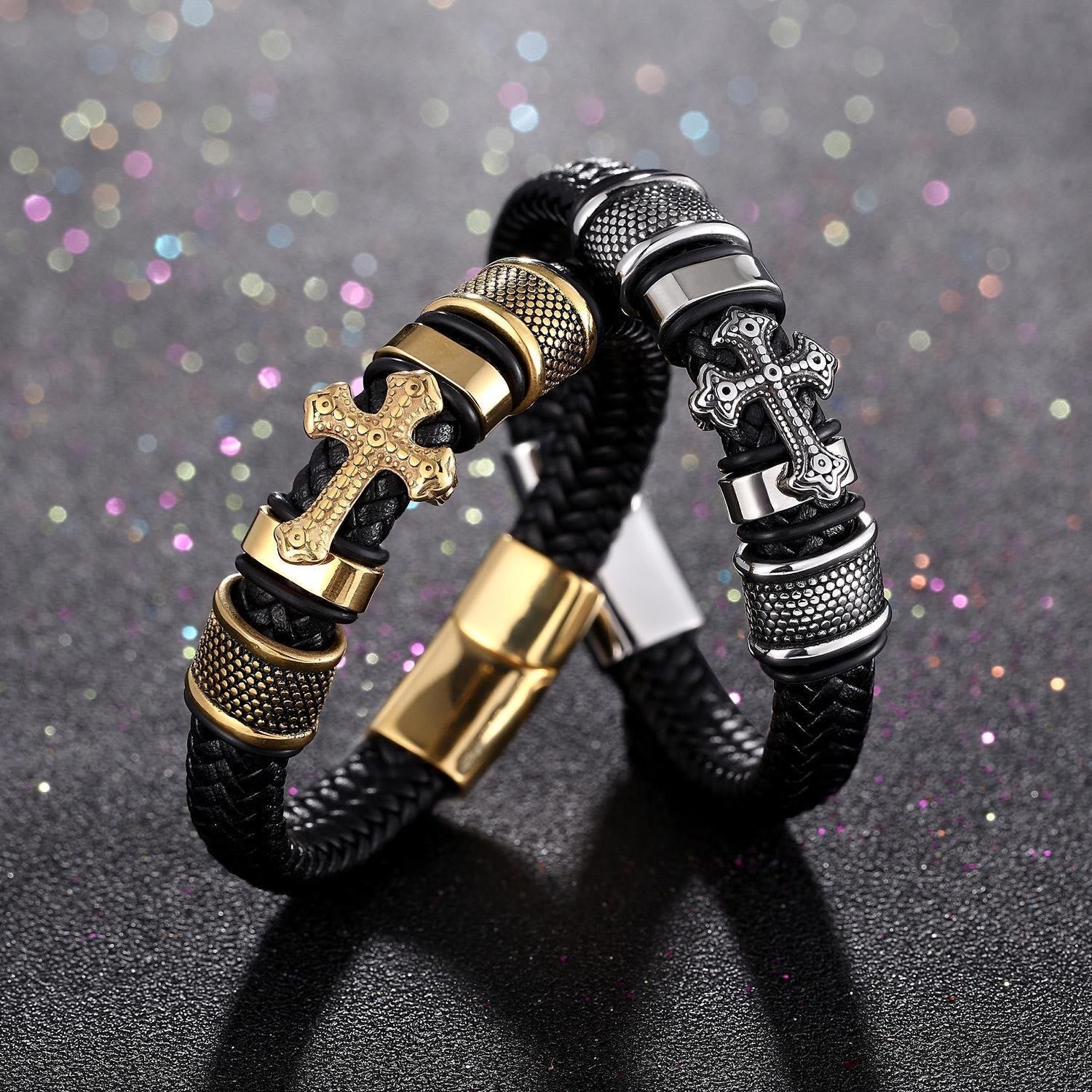 Classic Two-Tone Holy Cross Leather Bracelet with Braided Design