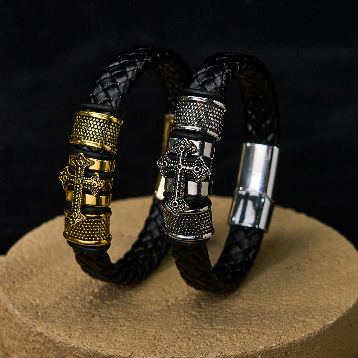 Classic Two-Tone Holy Cross Leather Bracelet with Braided Design