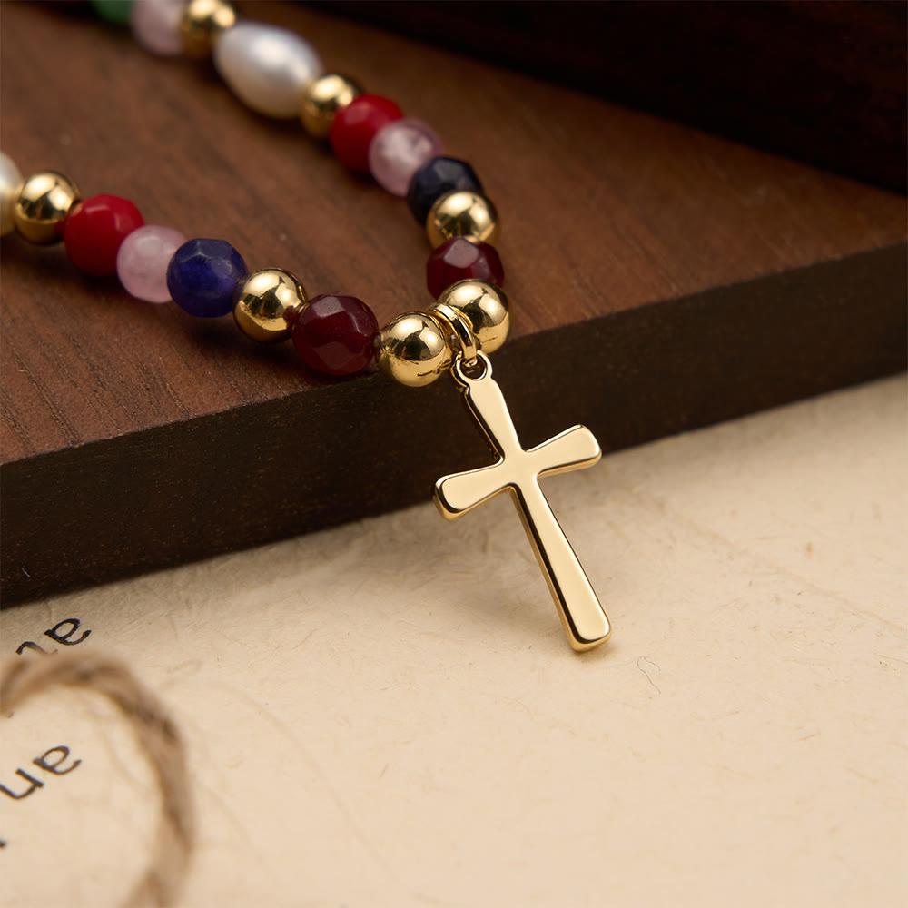  Colorful Beaded Necklace with Simple Cross Pendant: A Symbol of Vibrant Sacred Grace & Steadfast Faith