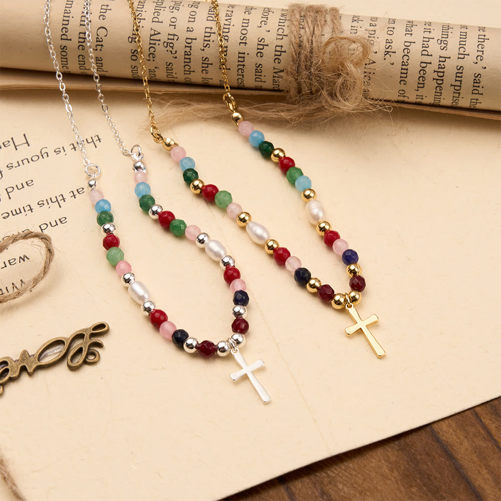  Colorful Beaded Necklace with Simple Cross Pendant: A Symbol of Vibrant Sacred Grace & Steadfast Faith