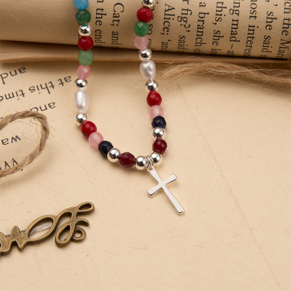  Colorful Beaded Necklace with Simple Cross Pendant: A Symbol of Vibrant Sacred Grace & Steadfast Faith