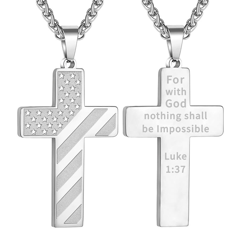 Stainless Steel American Flag Cross Pendant Necklace