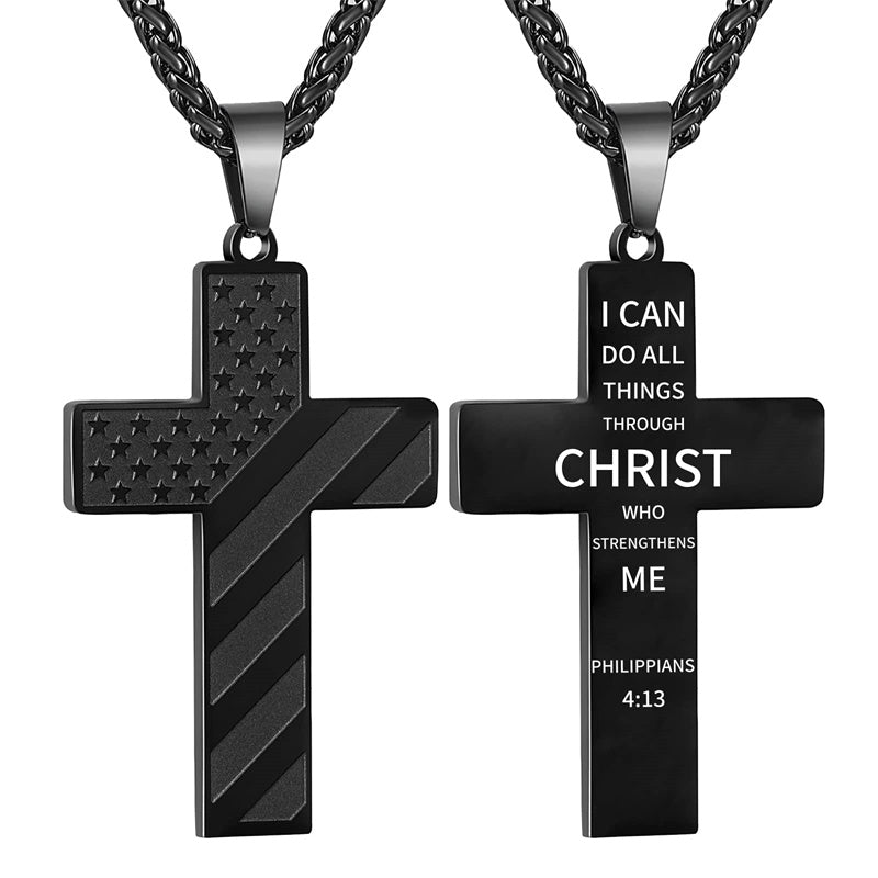 Stainless Steel American Flag Cross Pendant Necklace