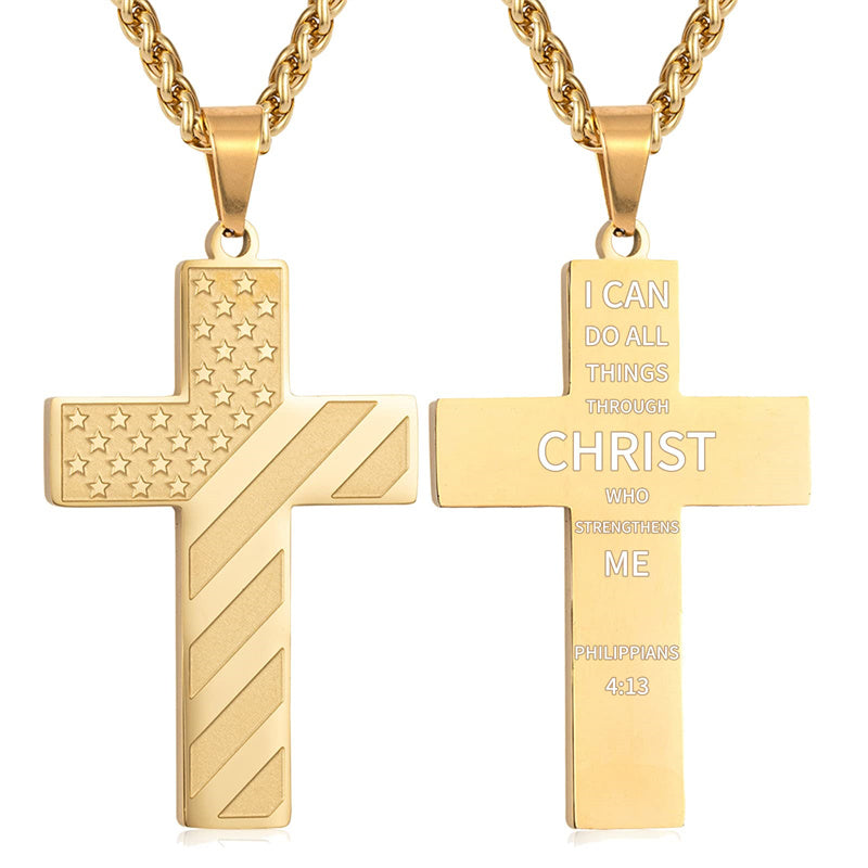 Stainless Steel American Flag Cross Pendant Necklace
