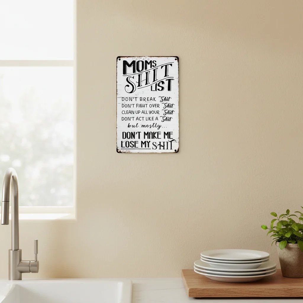 ❤️"Mom’s Shit List" Funny Metal Sign – Sarcastic Tin Plaque for the Queen of the House