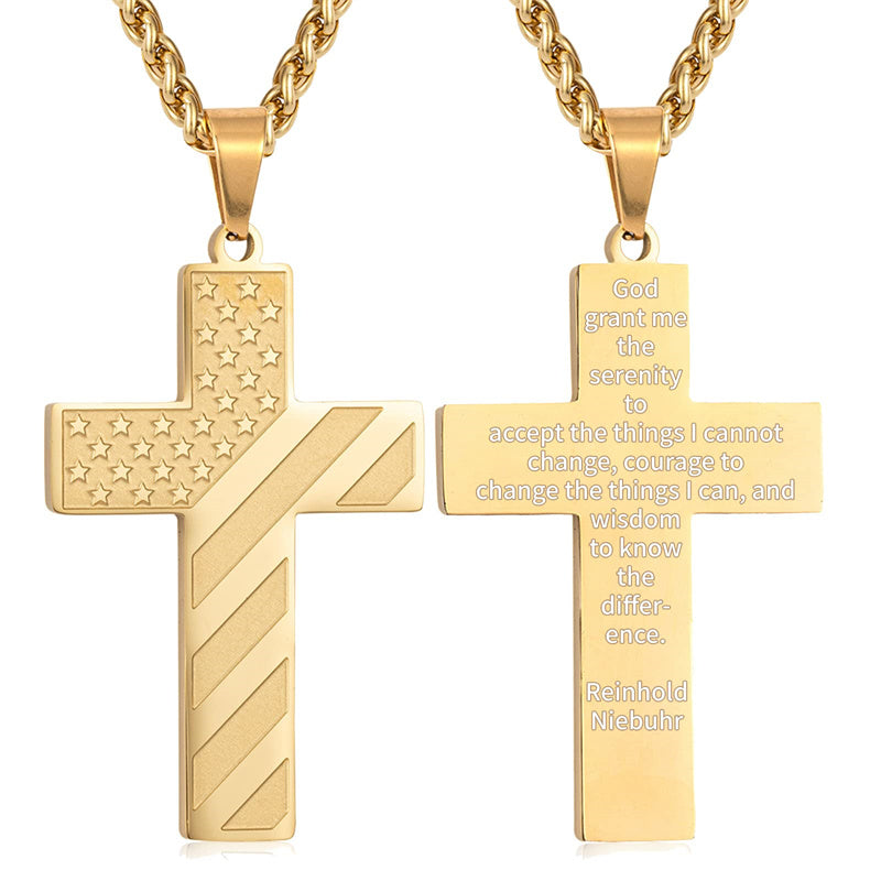 Stainless Steel American Flag Cross Pendant Necklace