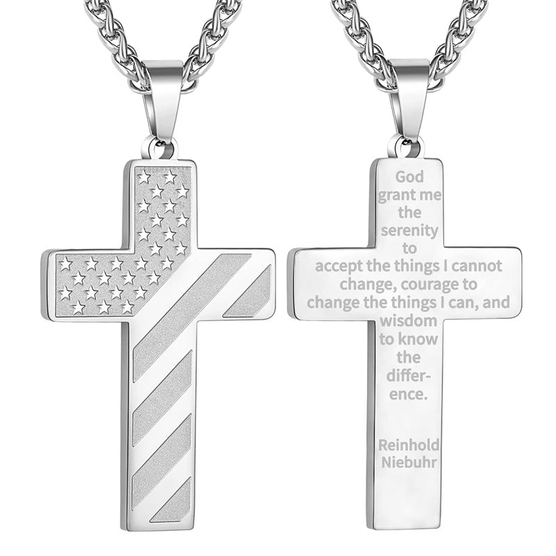 Stainless Steel American Flag Cross Pendant Necklace