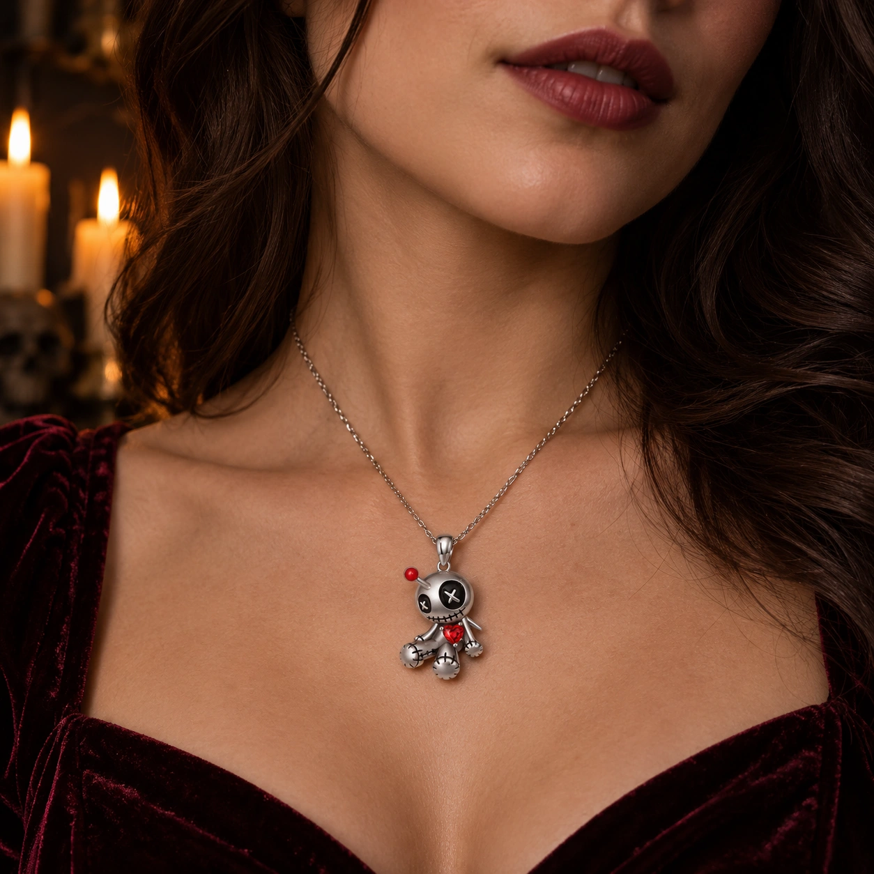 Cartoon Red Heart Voodoo Doll Necklace Halloween Personality Clavicle Necklace Fashion Jewelry Accessories