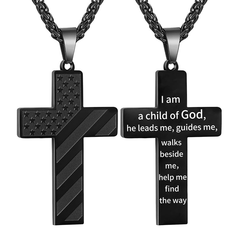 Stainless Steel American Flag Cross Pendant Necklace