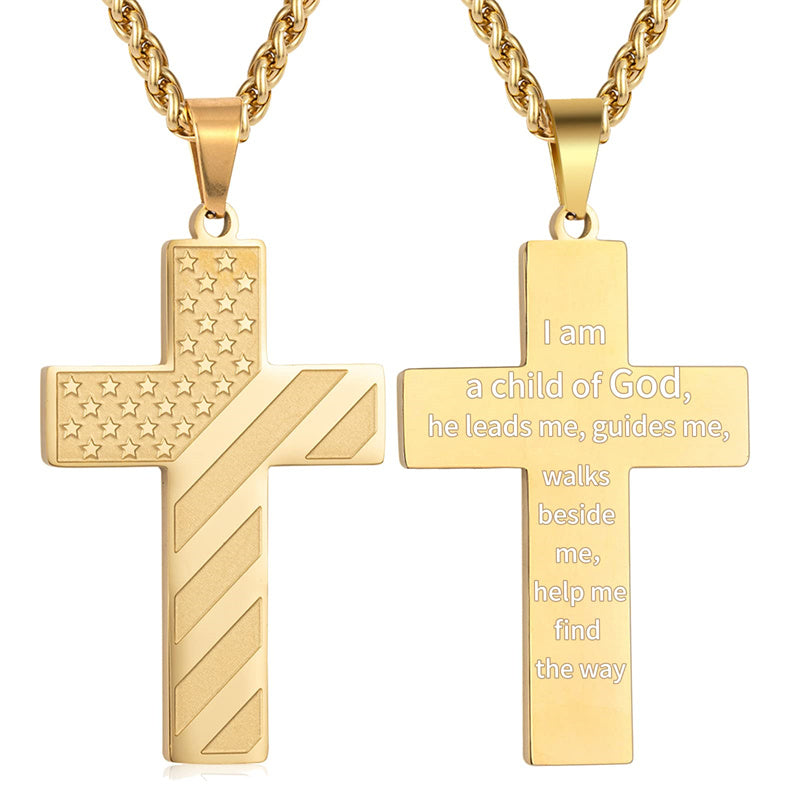 Stainless Steel American Flag Cross Pendant Necklace