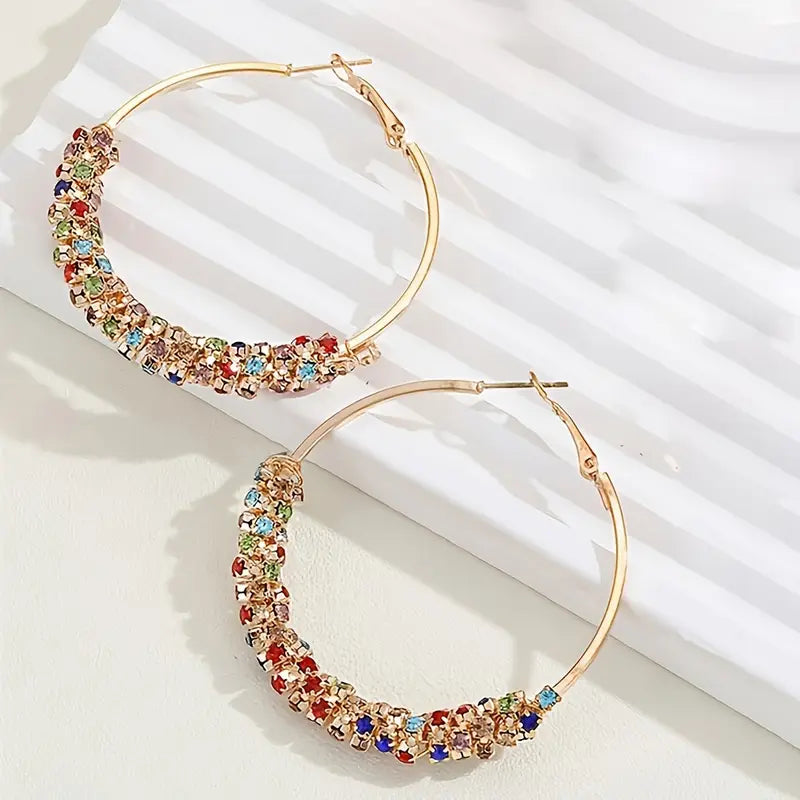 Sparkly Multi Color Gem Big Hoop Earrings