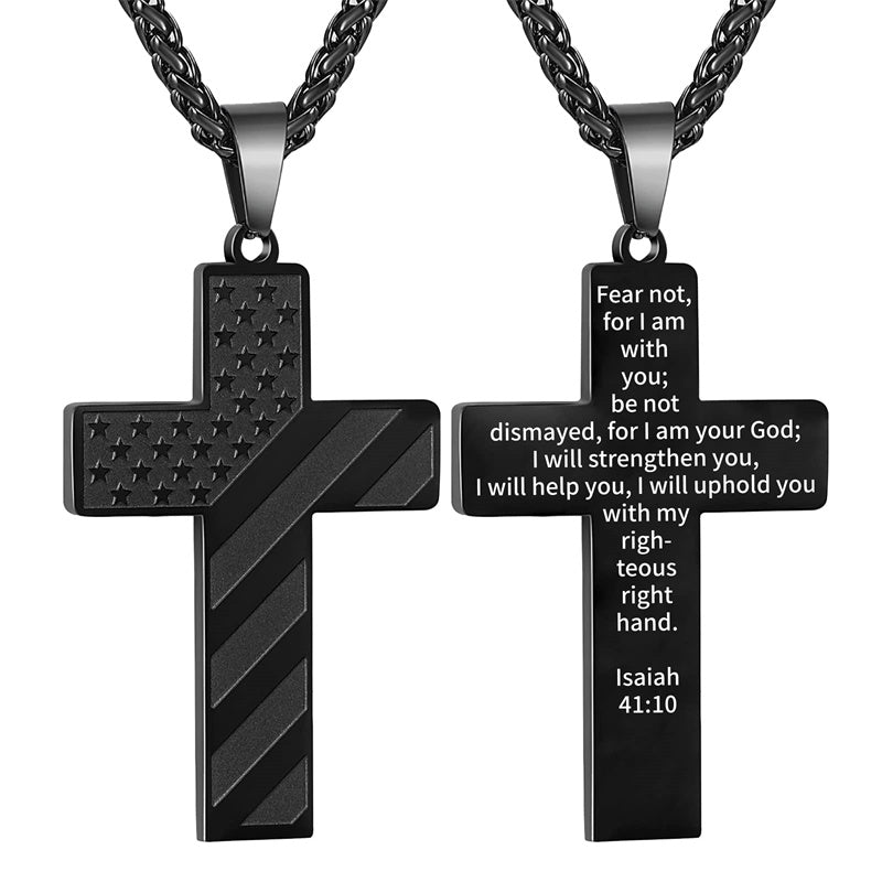 Stainless Steel American Flag Cross Pendant Necklace