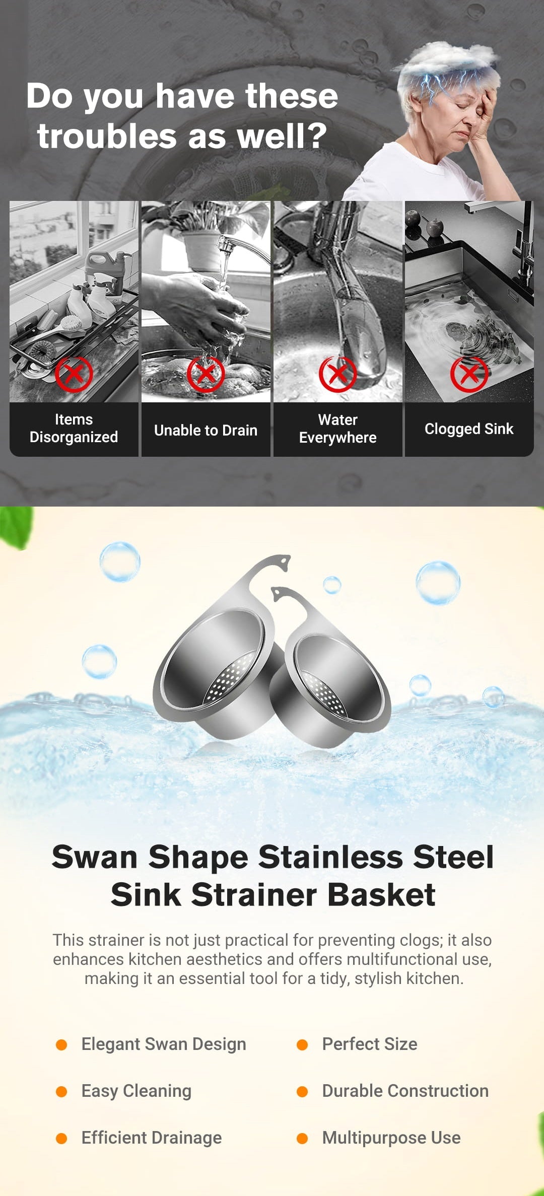 Close-up of Stainless Steel Swan Sink Strainer Basket
