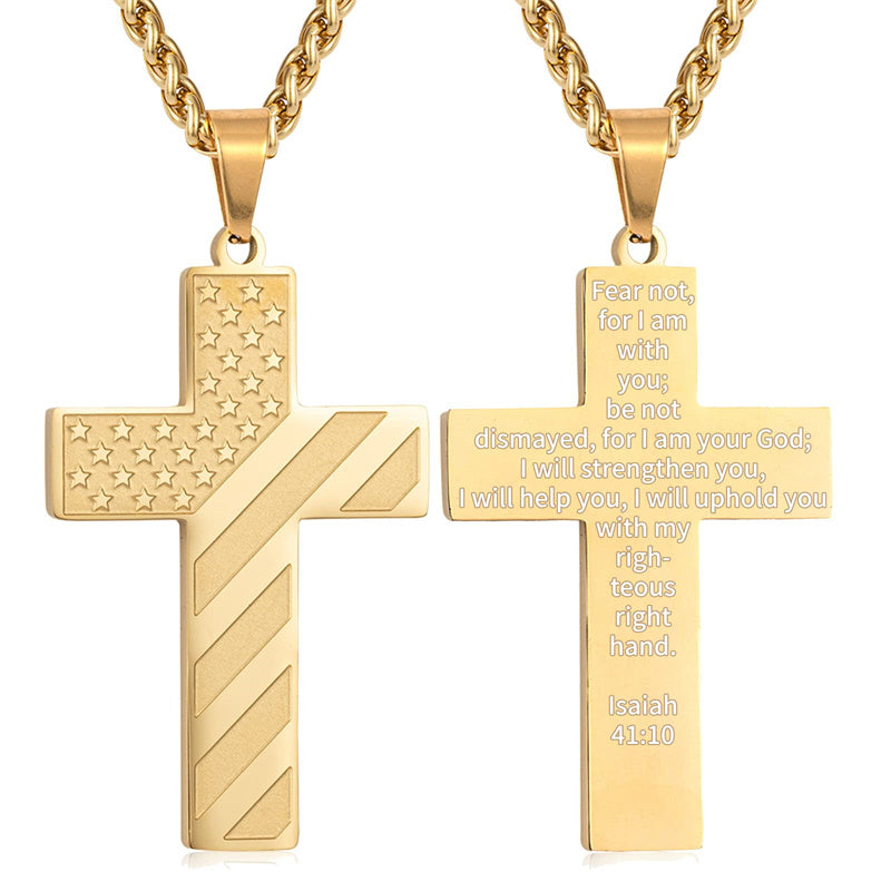Stainless Steel American Flag Cross Pendant Necklace