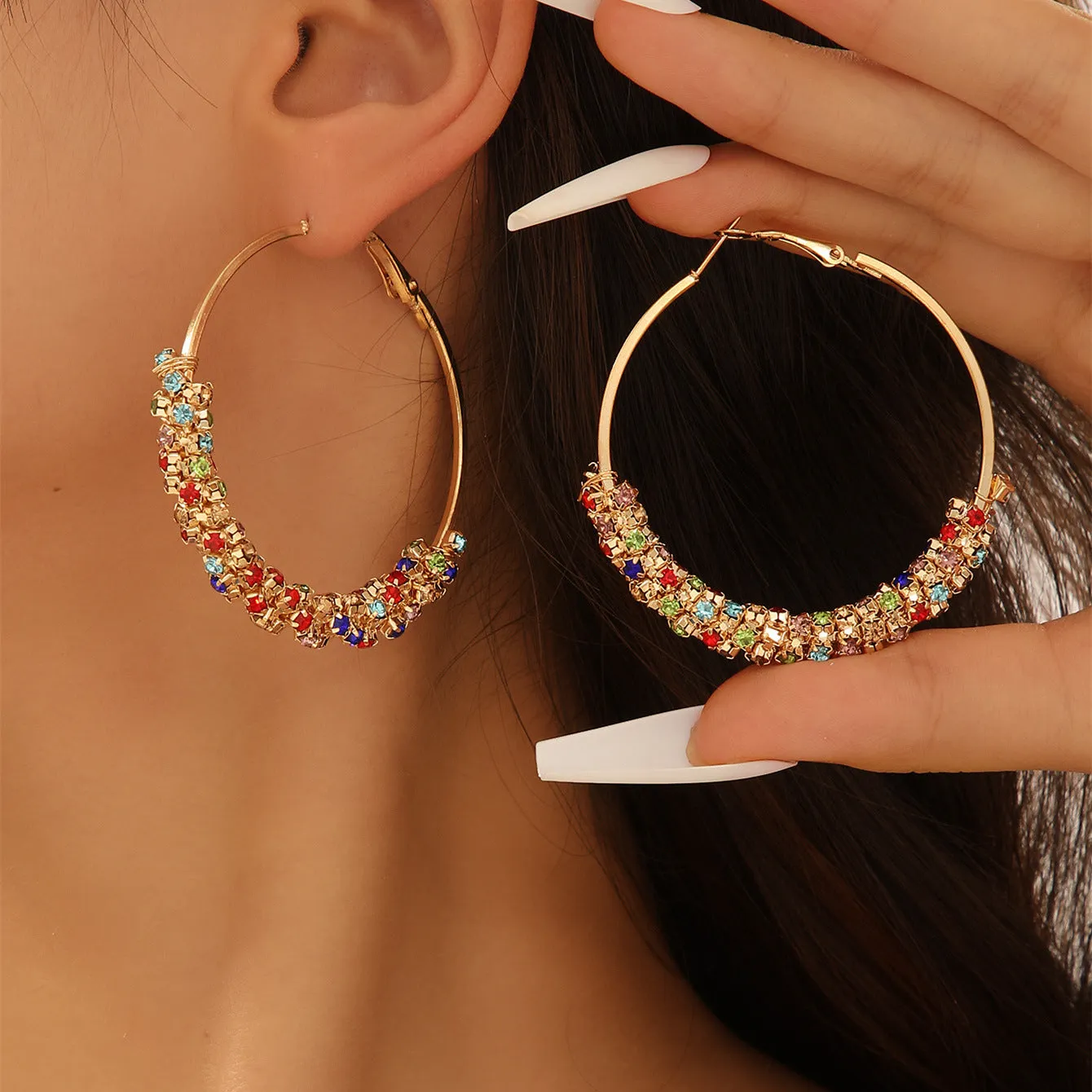 Sparkly Multi Color Gem Big Hoop Earrings